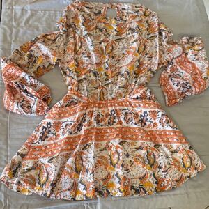 Free People Women's XS Boho Paisley Floral Mini Dress Orange Bell Sleeve Pockets